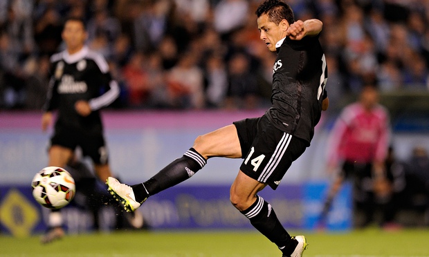 Javier Hernández of Real Madrid scores his second goal in the 4-2 win against Celta Vigo.