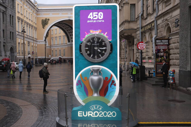 March 18, 2020, Saint-Petersburg, Russia: Logo of UEFA EURO, EM, Europameisterschaft,Fussball 2020 at a countdown clock
